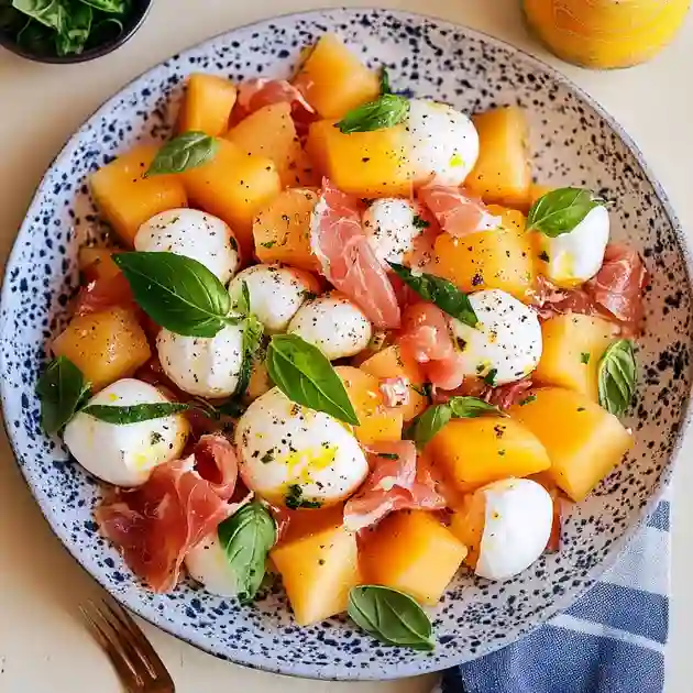 Fresh melon and mozzarella salad with basil leaves and prosciutto on a ceramic plate