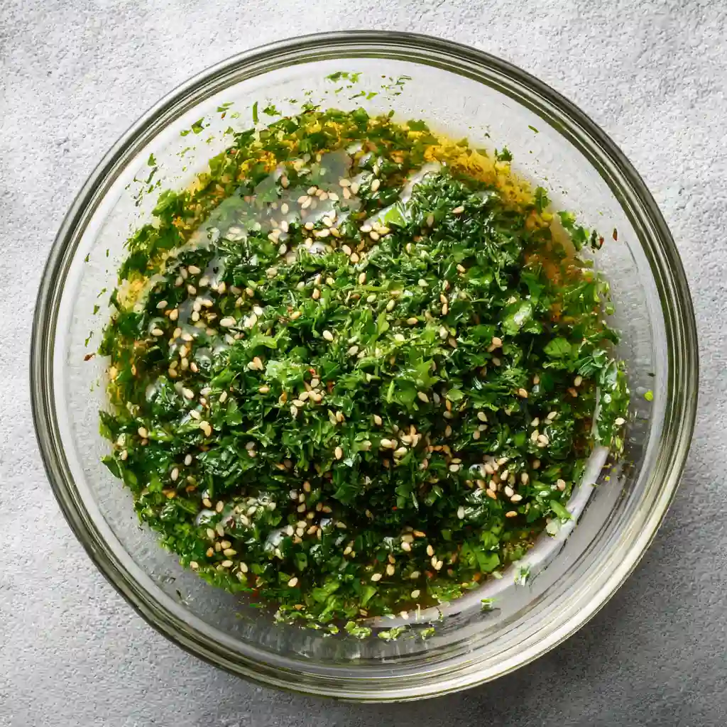 Sesame herb dressing in a glass bowl, perfect for tossing with carrot ribbon salad