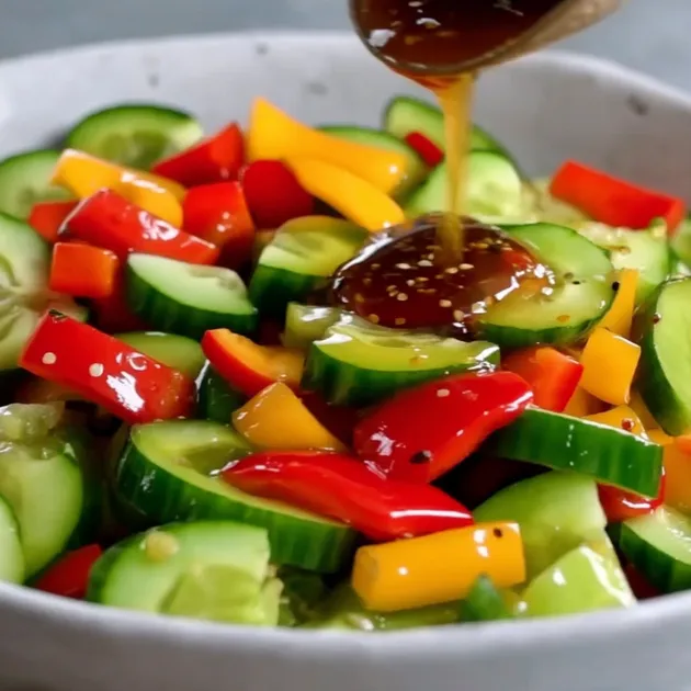 Cucumber sweet pepper salad served with grilled chicken and rice