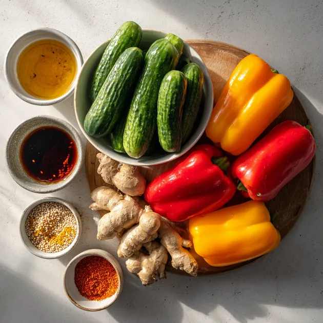 Ingredients for cucumber sweet pepper salad laid out on a white surface