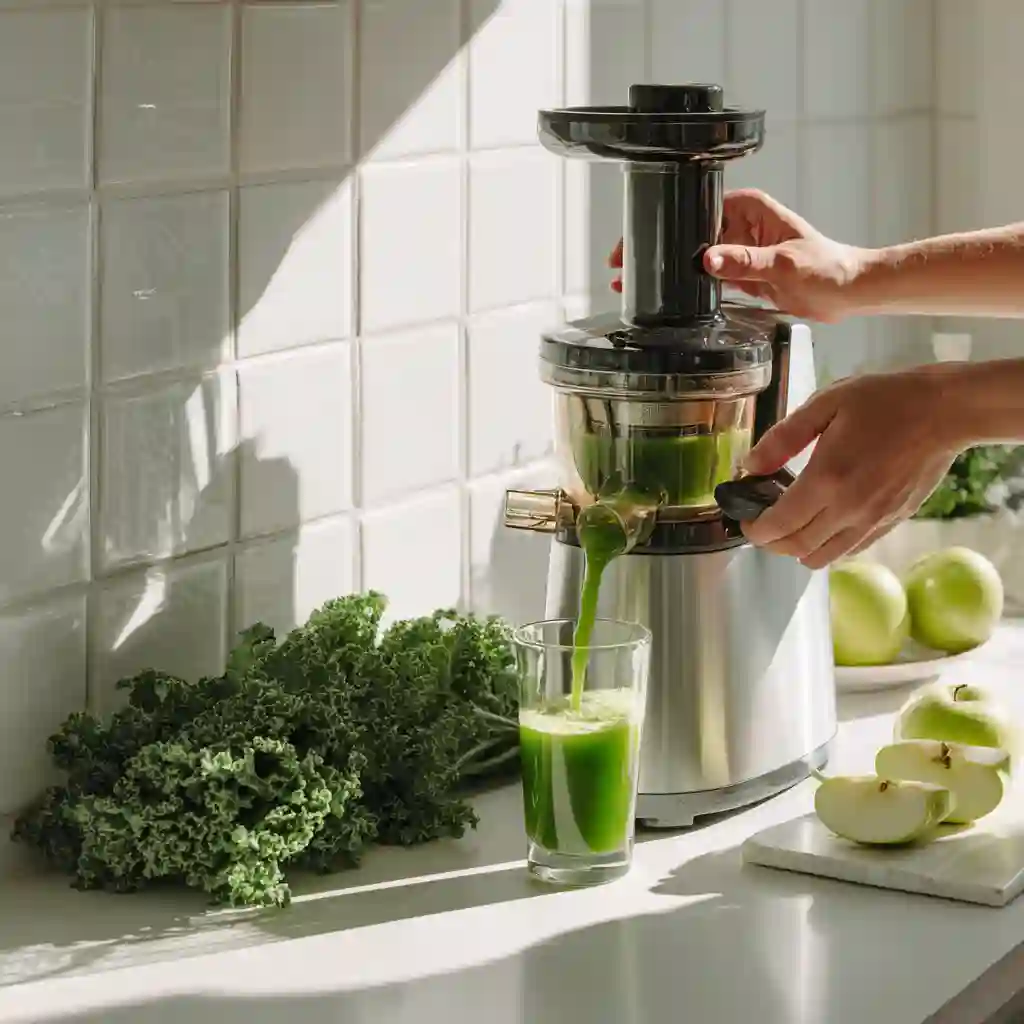 making kale juice in slow juicer