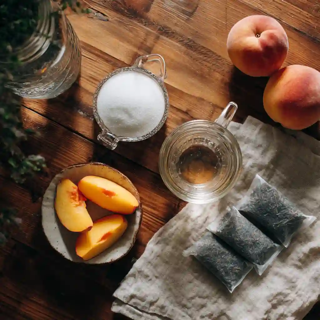 Ingredients for homemade peach iced tea including peaches, tea bags, and syrup