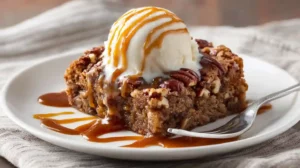Pecan pie dump cake fresh from the oven with golden crust and caramel edges