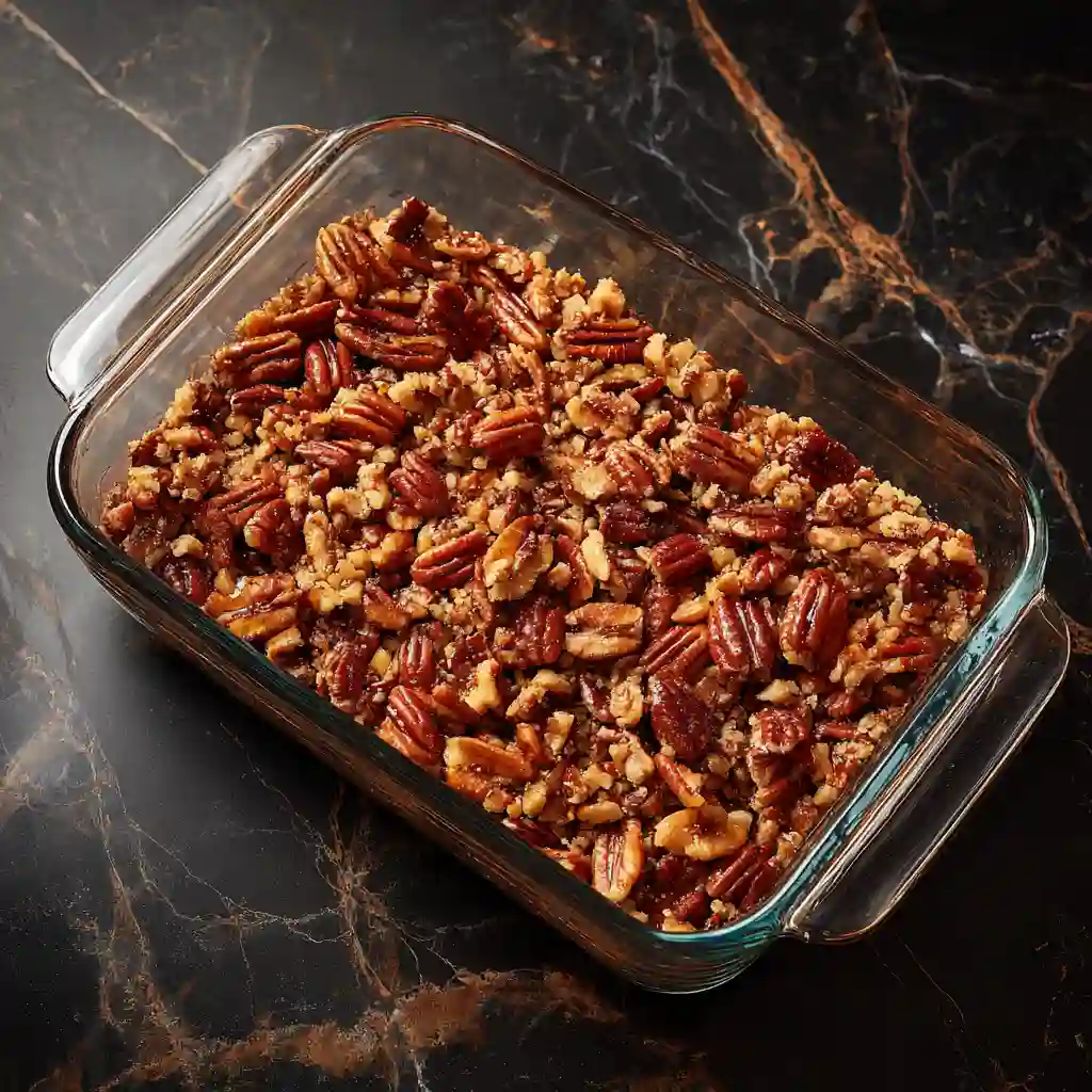 Pecan pie dump cake layered in a glass baking dish over black marble