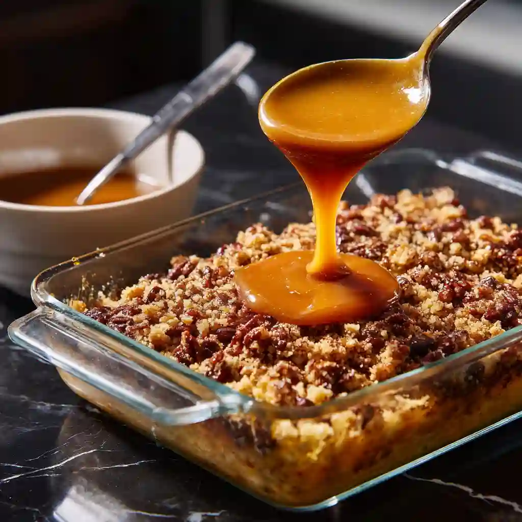Pouring caramel sauce onto pecan dump cake in a glass baking dish