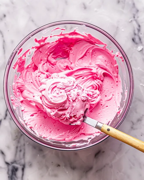 Mixing cheesecake batter for strawberry cake