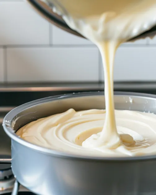 Pouring strawberry cake batter into baking pan