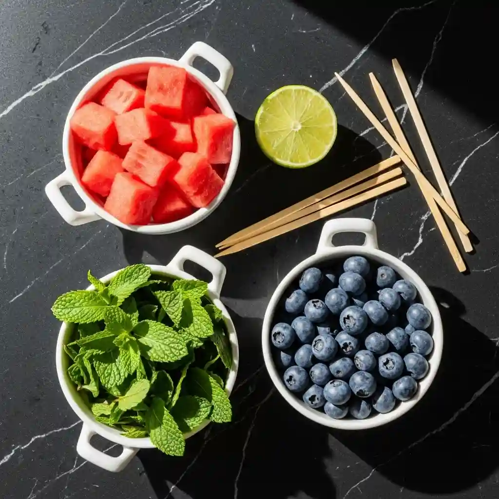 Fresh ingredients for watermelon salad on a black marble counter