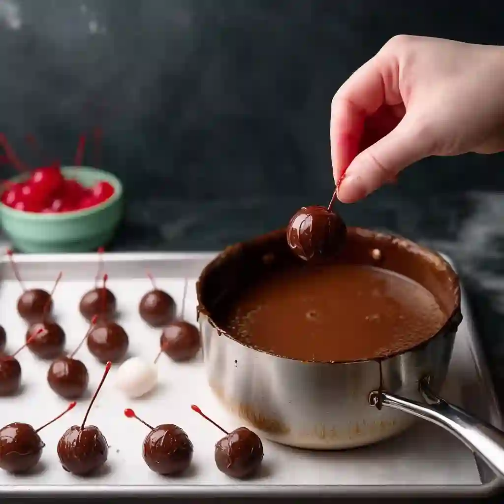 dipping cherry into melted chocolate