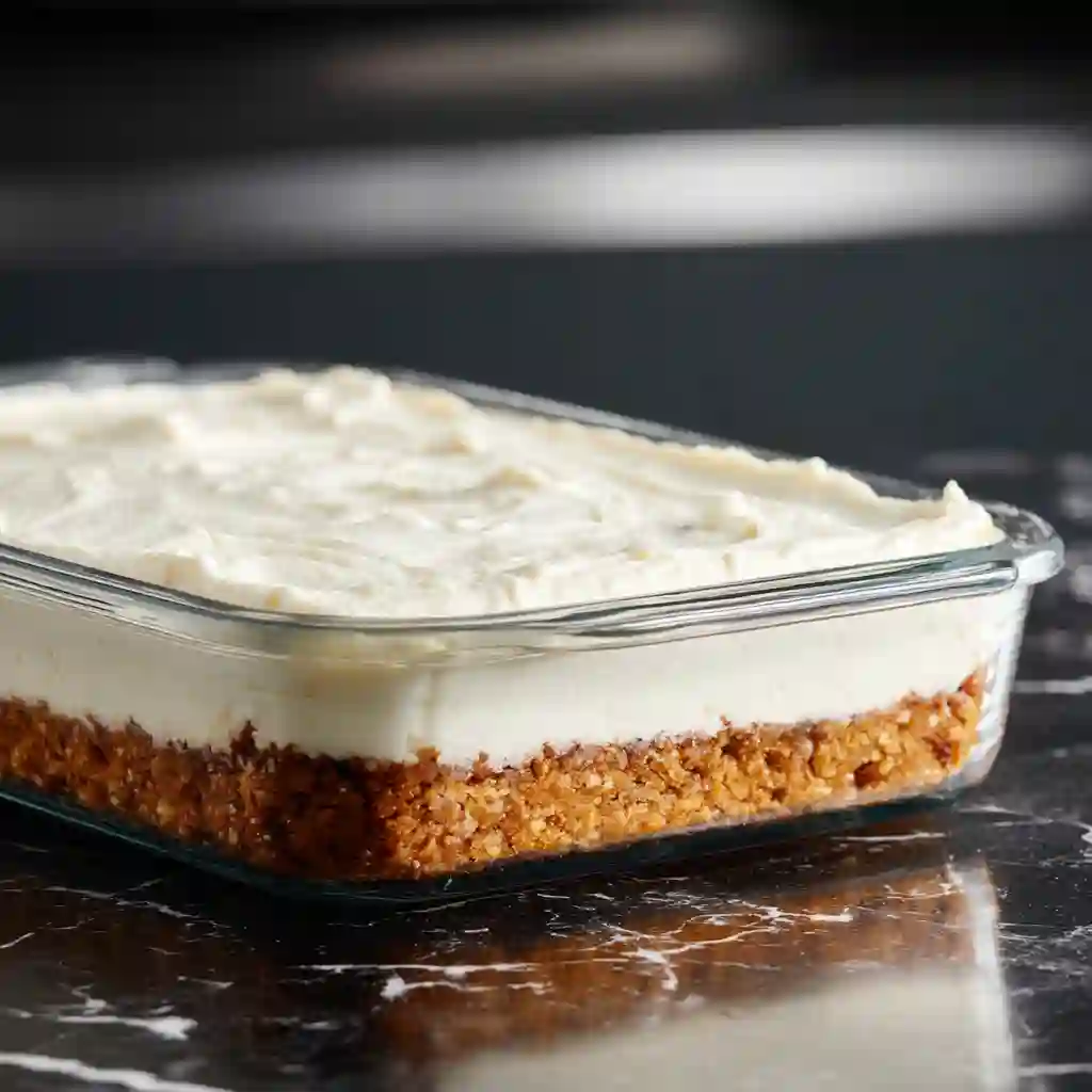 Golden pecan crust baked in glass dish on black marble