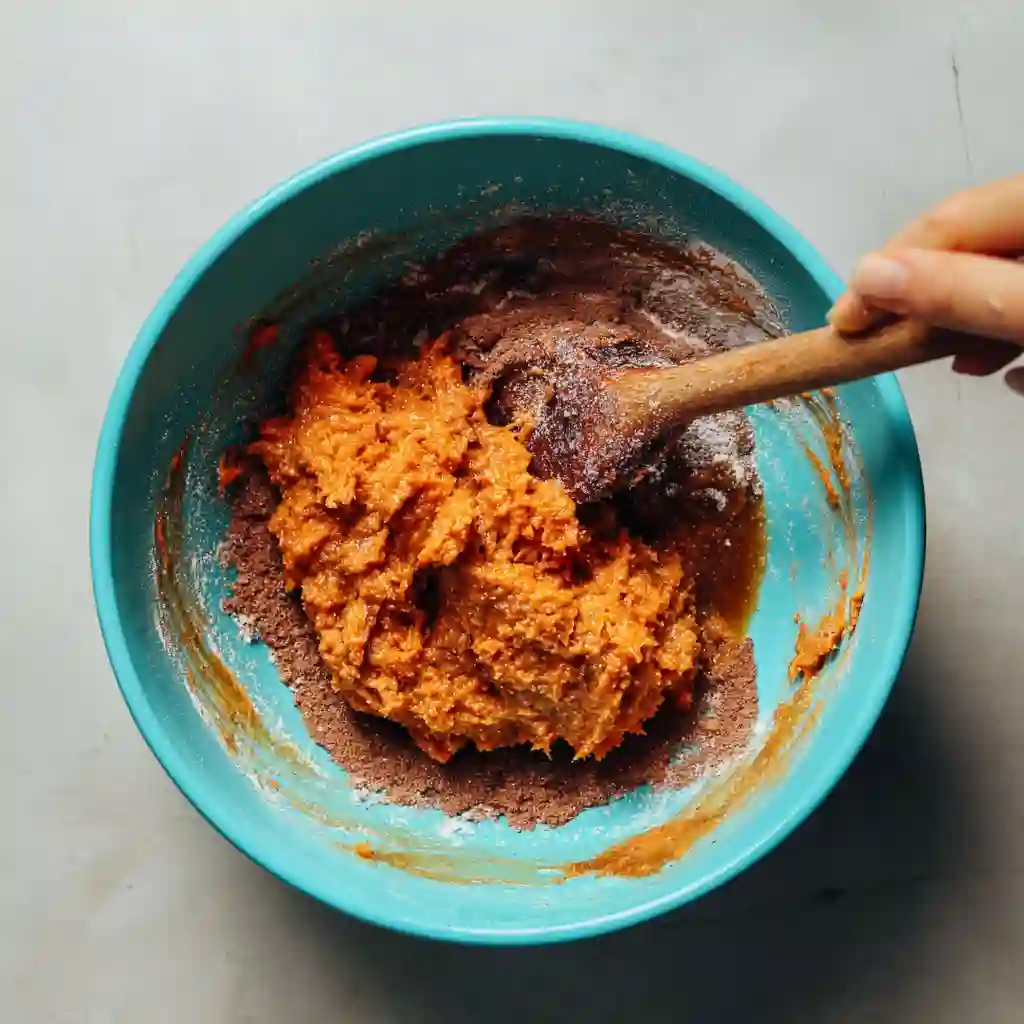 Stirring sweet potato, almond butter, and maple syrup in mixing bowl