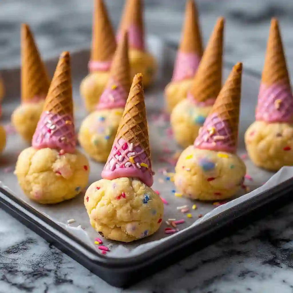 Mini cones attached to virale melted ice cream cake pops dough balls with pink coating