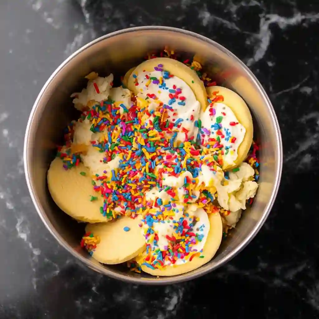 Cookie dough and rainbow sprinkles mixed for virale melted ice cream cake pops