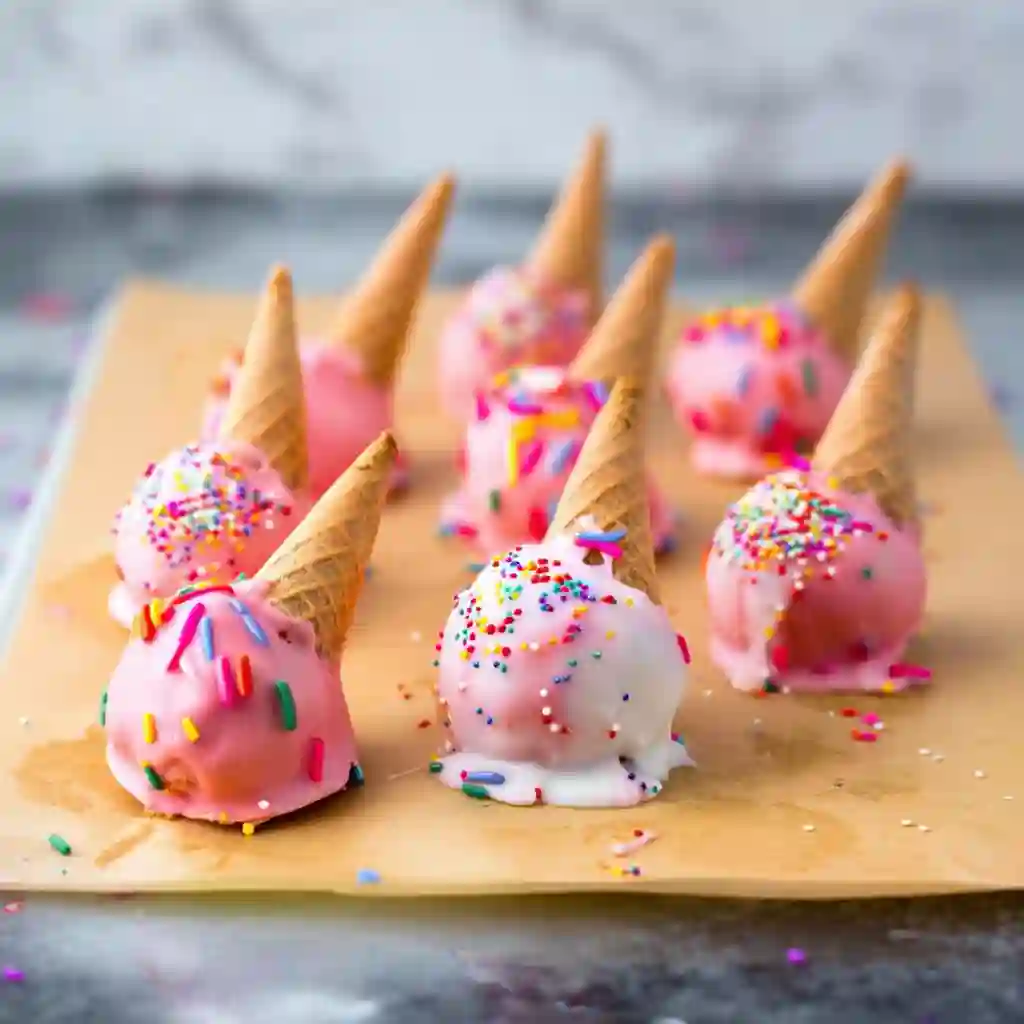 Dipped virale melted ice cream cake pops with pink and white drizzle