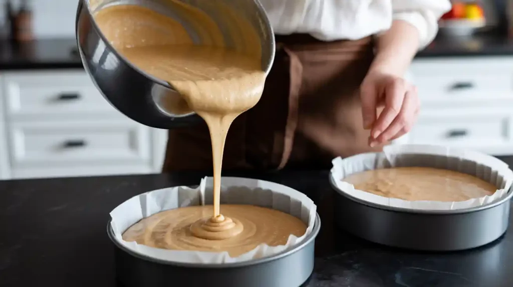Thick cake batter being poured into a lined round pan on a black kitchen surface