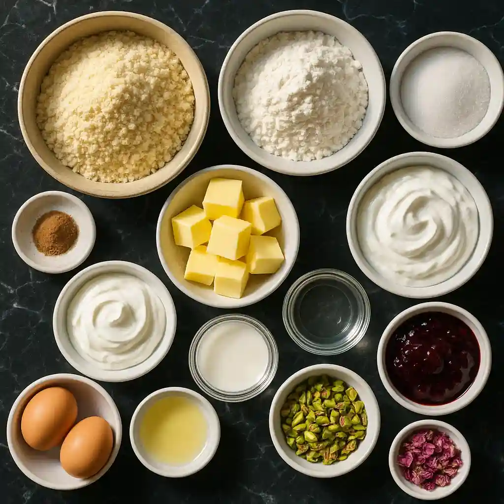 Ingredients for cake flavors DTI method on a black marble countertop, including almond flour, eggs, mascarpone, and rose water