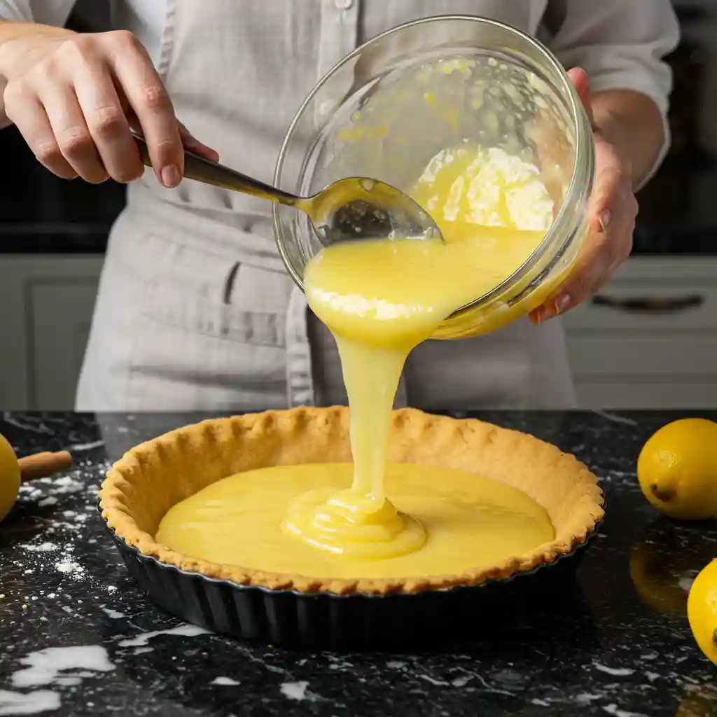 Pouring lemon filling into baked pie crust