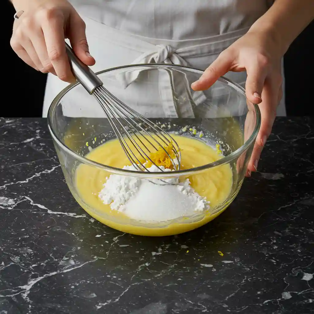 Mixing lemon filling for DTI Lemon Strawberry Pie in a glass bowl