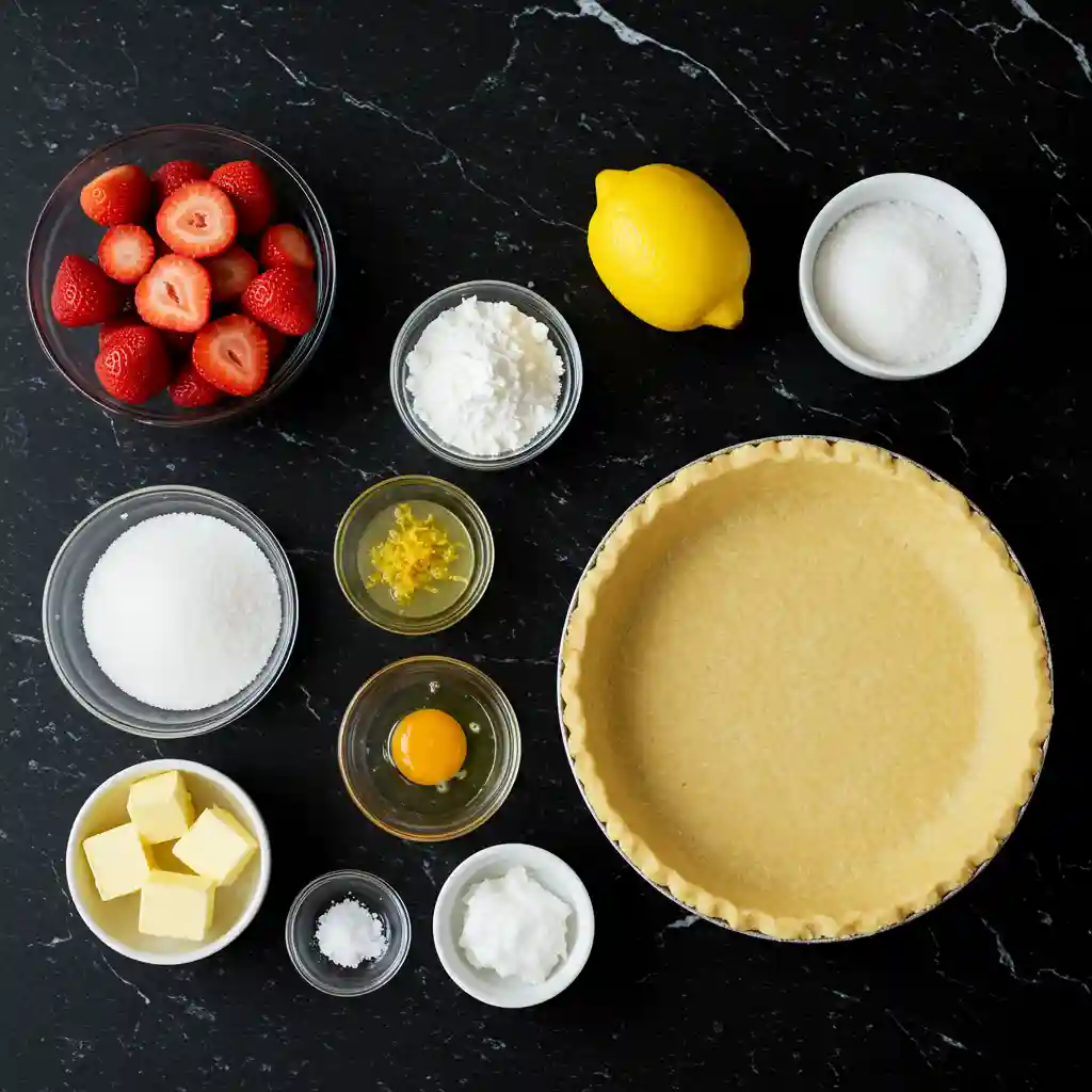 Ingredients for DTI Lemon Strawberry Pie on black marble
