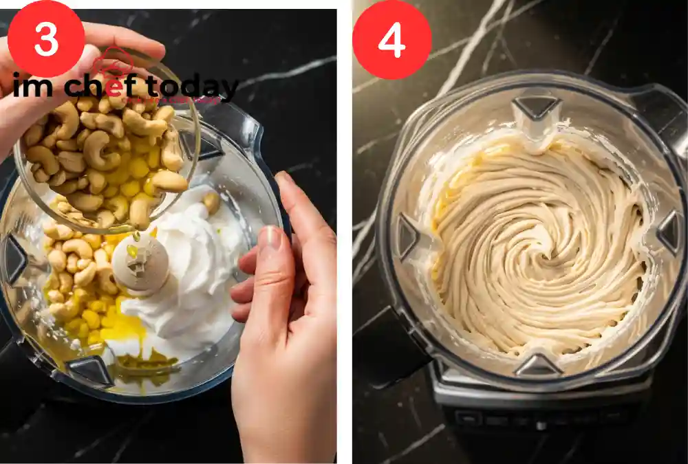 Blender with cashews, coconut cream, and lemon to make DTI Vegan Cheesecake Bites filling