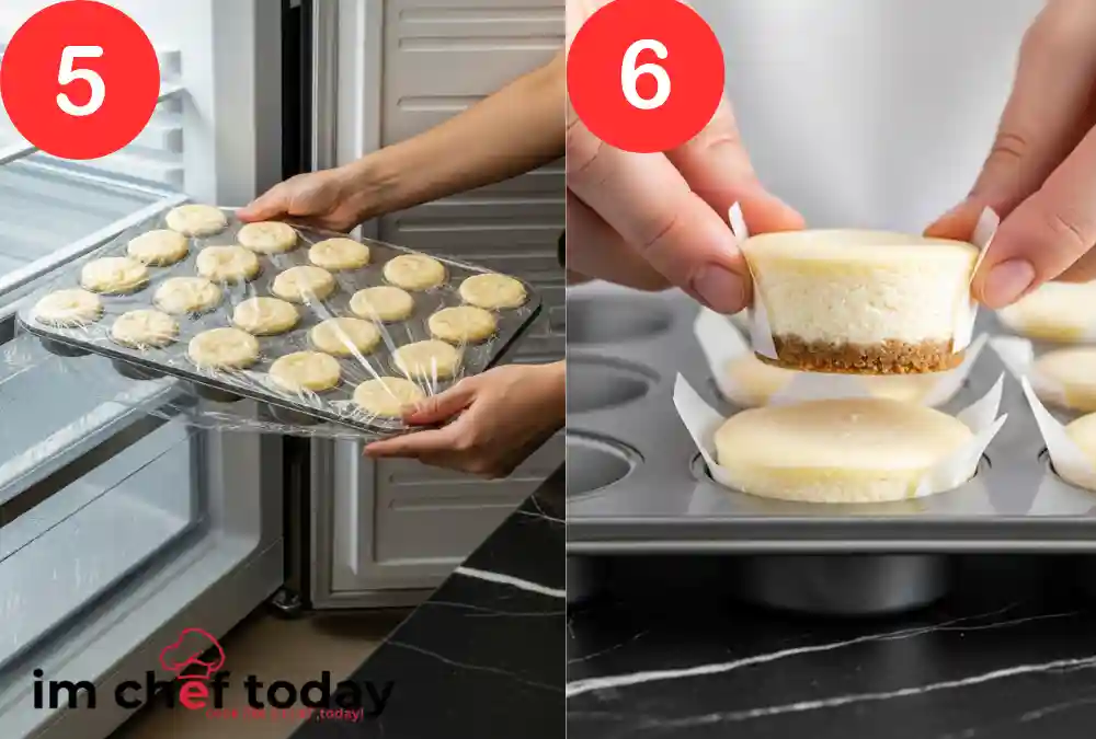 Step-by-step process freezing and unmolding DTI Vegan Cheesecake Bites from muffin tray