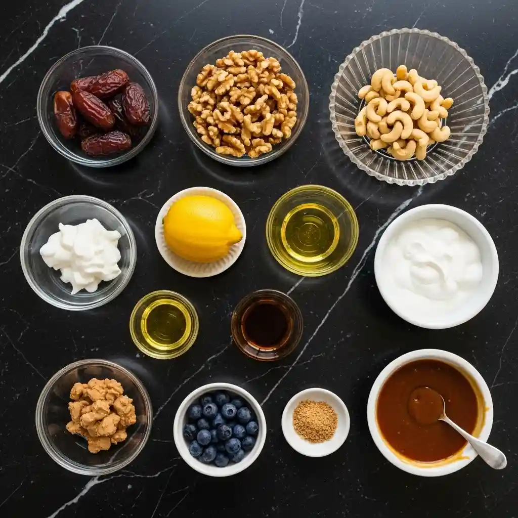 Flatlay of 10 ingredients for DTI Vegan Cheesecake Bites on black marble countertop in zina’s kitchen.