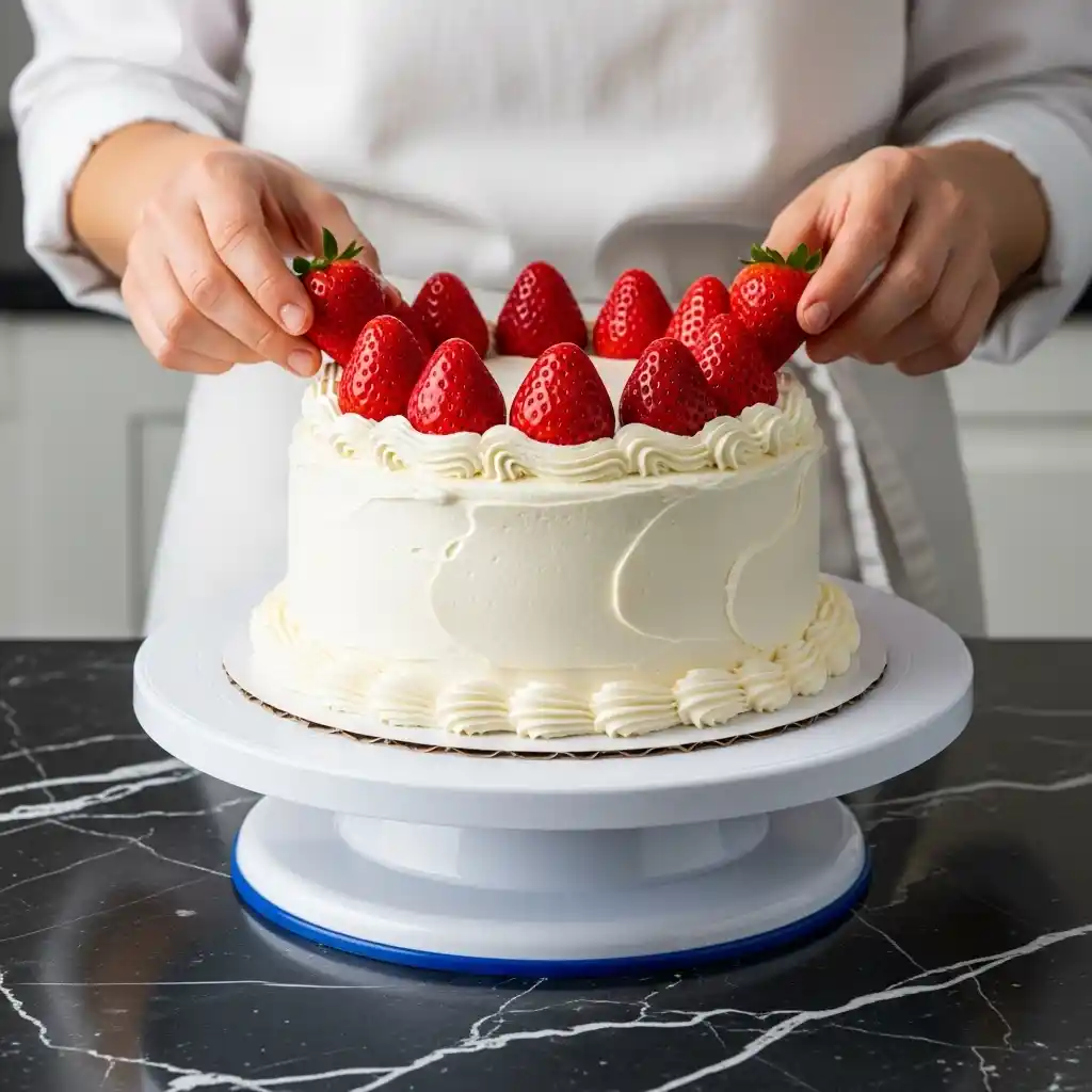 Hands placing fresh strawberries on top of a frosted cake