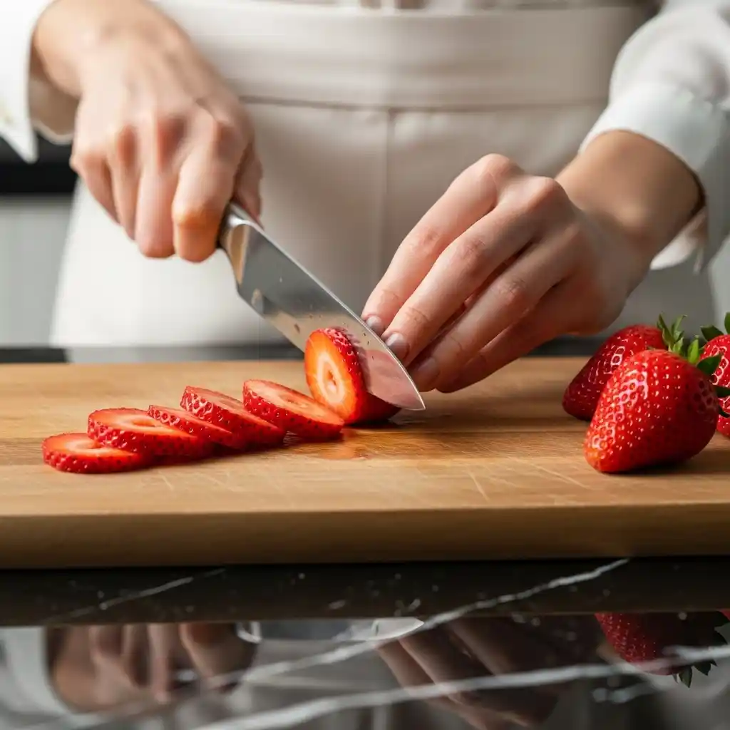 Hands slicing fresh strawberries on a wooden cutting board over a black marble counter