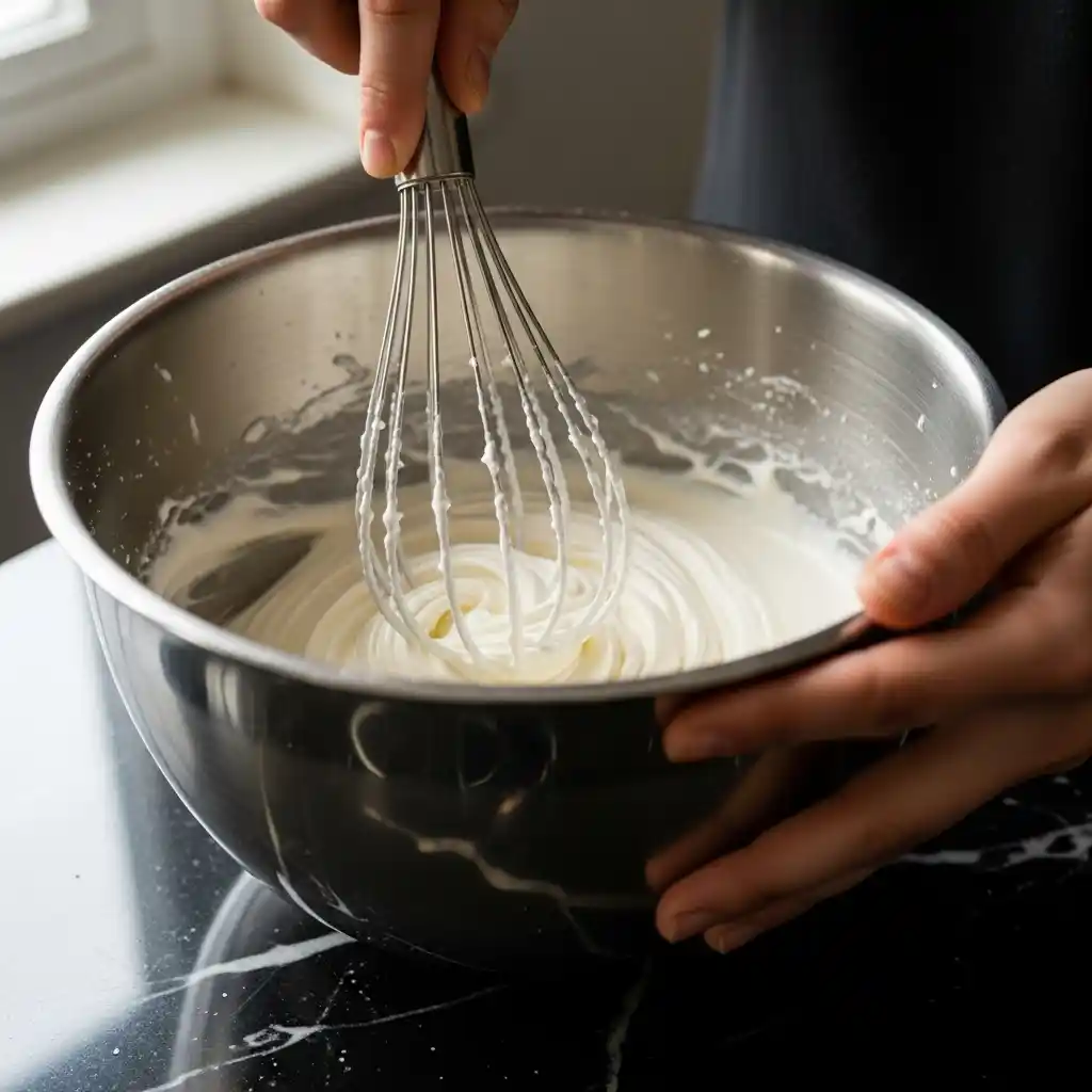 Close-up of hands whisking whipped cream in a stainless steel bowl on a black marble