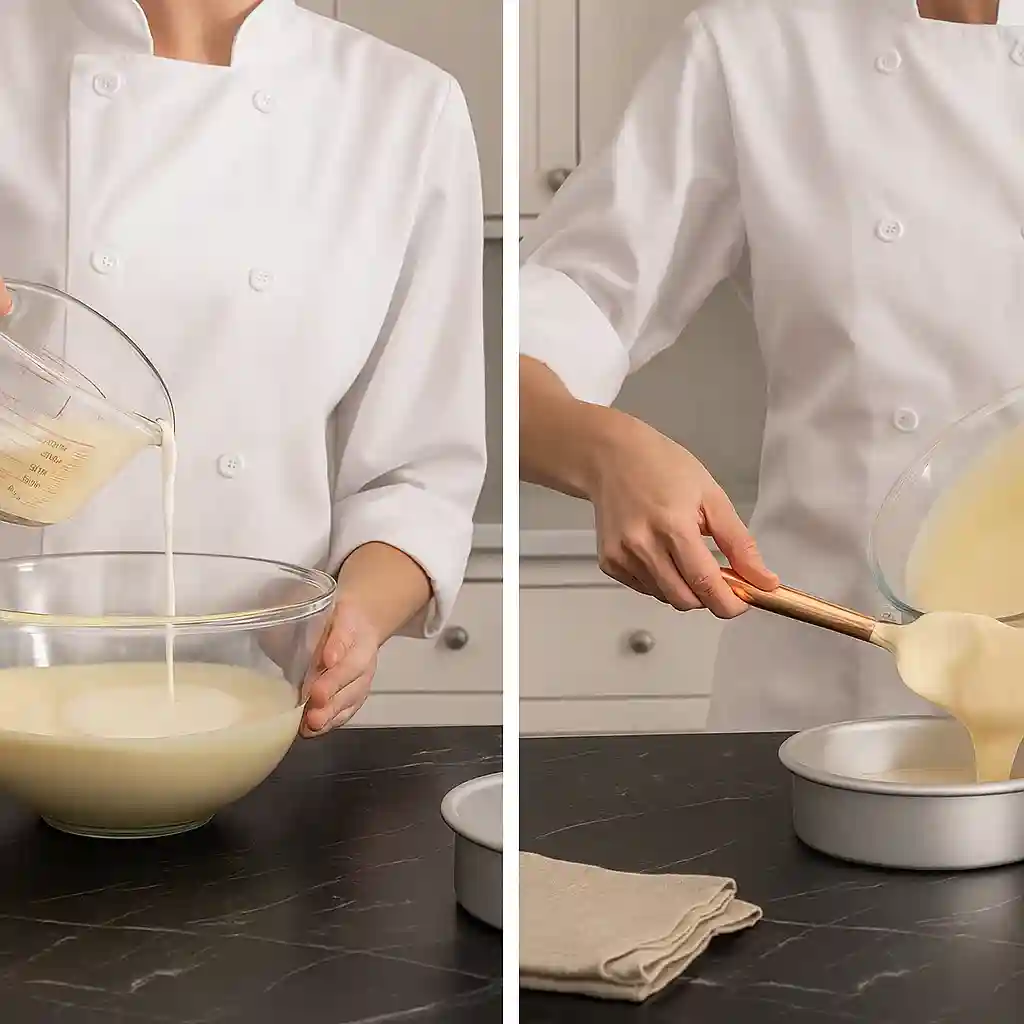 DTI Vanilla Cake batter being poured into mixing bowl and cake pan on black marble countertop