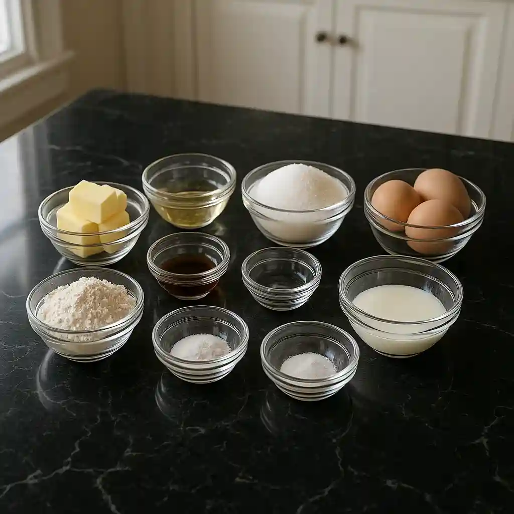 Flatlay of vanilla cake ingredients in small ceramic bowls on black marble
