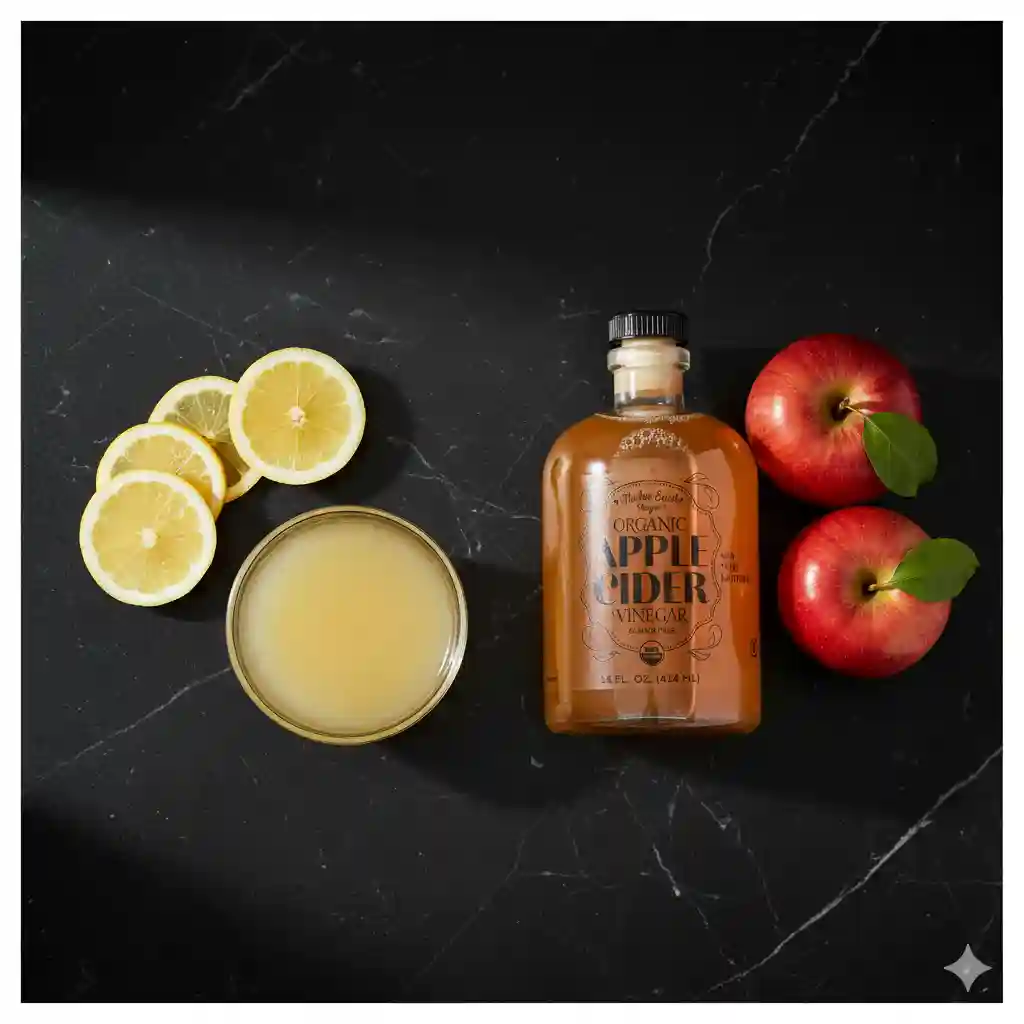 Lemon water or ACV (apple cider vinegar) comparison side by side in glass bowls on a black marble countertop