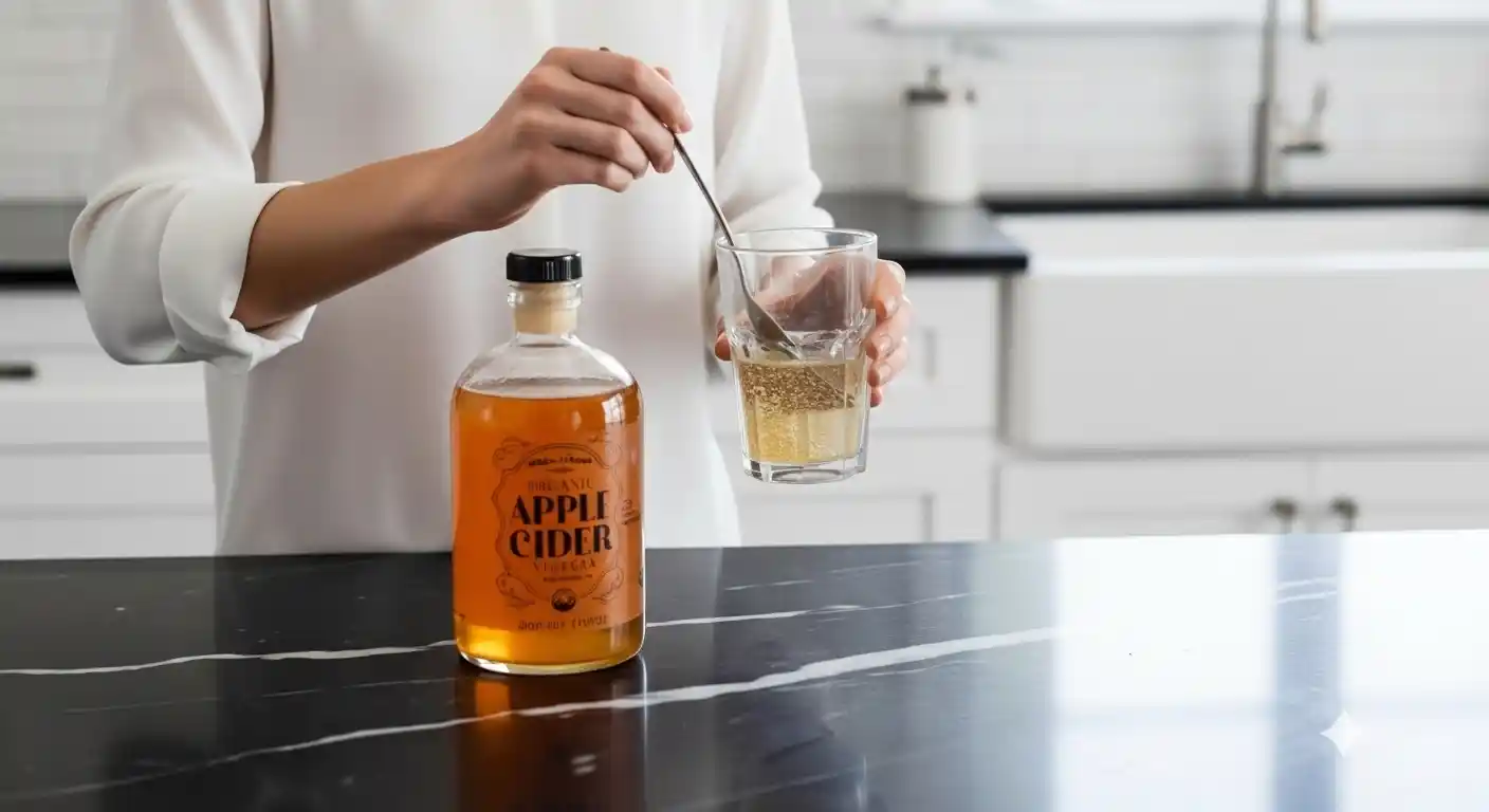 Lemon water or ACV preparation, woman stirring apple cider vinegar in a glass of water on black marble, bottle of ACV in front, white blouse, modern kitchen