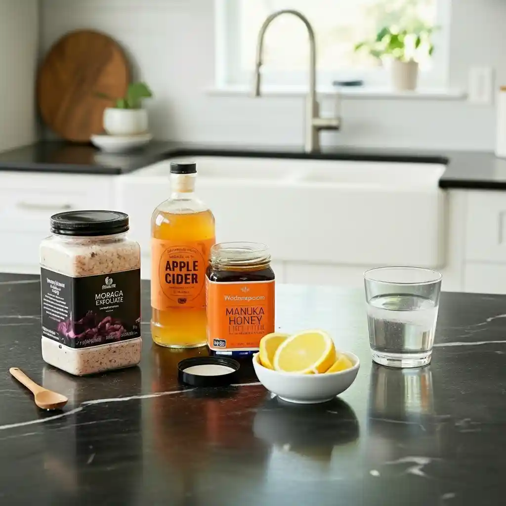 Woman in black shirt and jeans preparing Pink Salt Trick Recipes on a black marble counter with lemon and open salt jar.